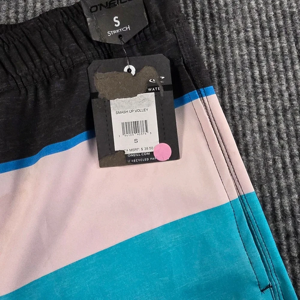 O'Neill Smash Up Volley Mens‎ Swim Trunks Black Blue Pink Striped Board Shorts S
